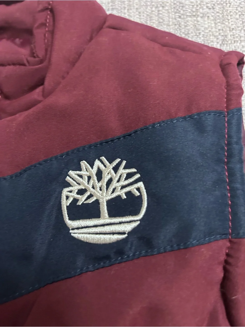 Timberland Kids Maroon Quilter Puffer Vest with Navy Accent. Size 24M